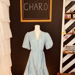 Taylor Light Blue Puff Sleeve Button-Front Dress